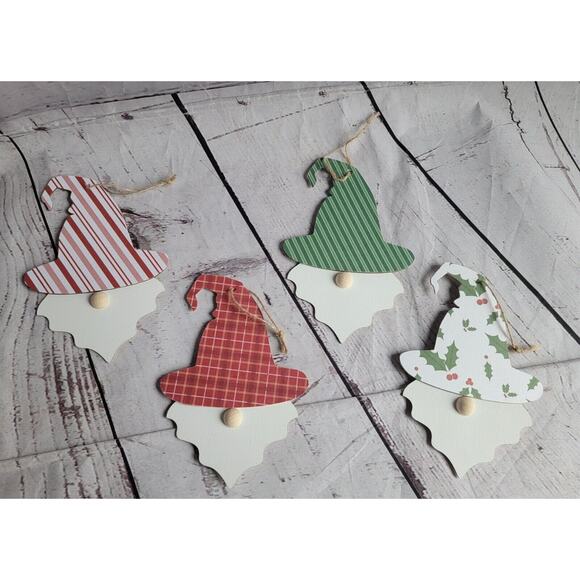 Christmas Gnome Wood Ornaments Decor Tree Handmade Red White Green Set 4 - Picture 1 of 7